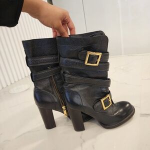 Tory Burch Black Leather Heeled Boots with Gold Buckles